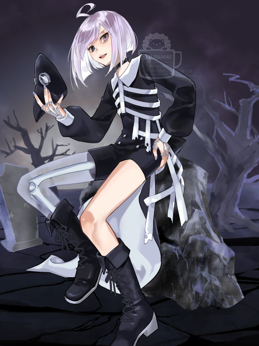 1boy, ahoge, artist_name, bare_tree, black_choker, black_eyes, black_footwear, black_jacket