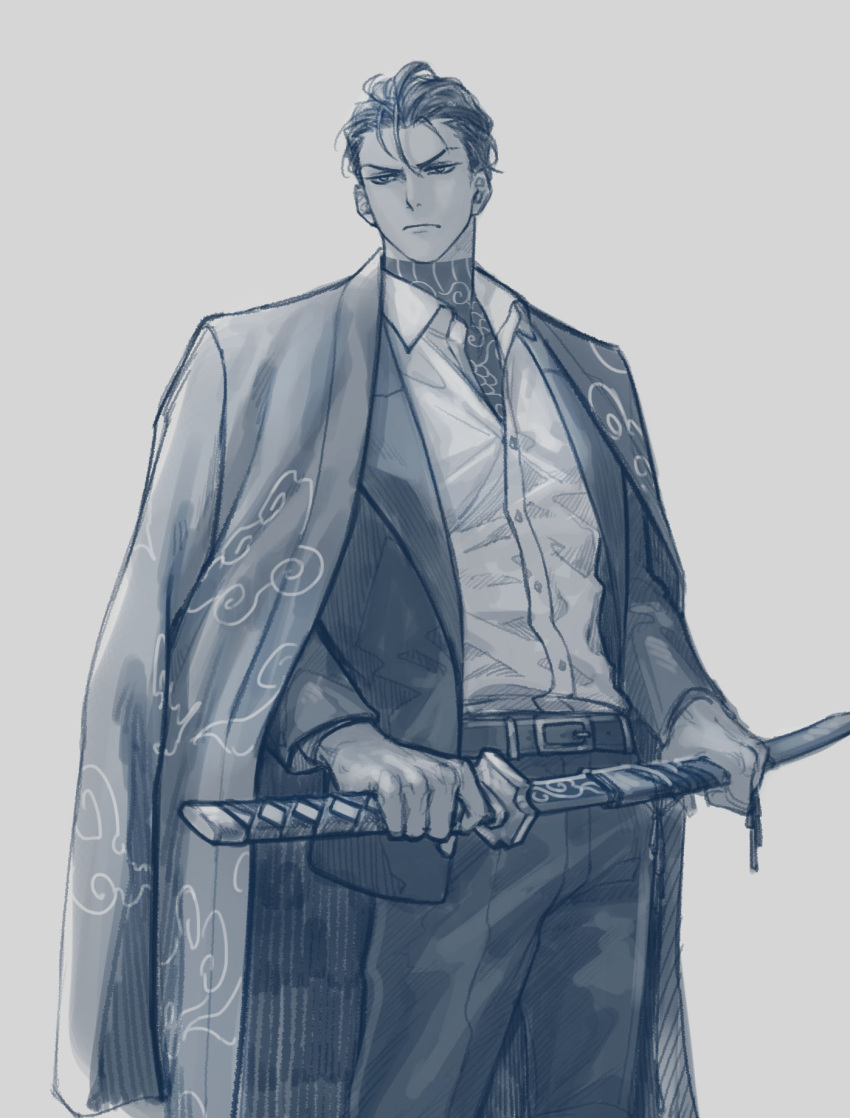 1boy, buttons, chest_tattoo, closed_mouth, coat, coat_on_shoulders, collared_shirt, cowboy_shot