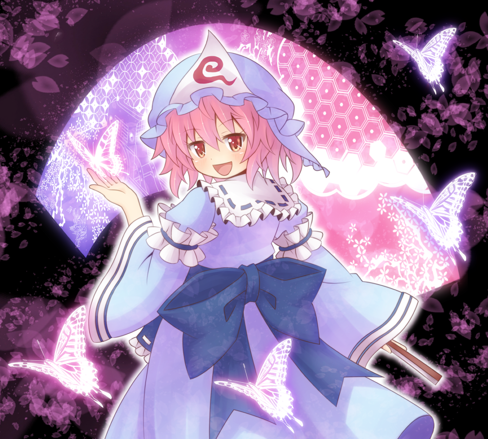azuma_takeshi, bow, butterfly, fan, folding_fan, hat, hexagon, open_mouth