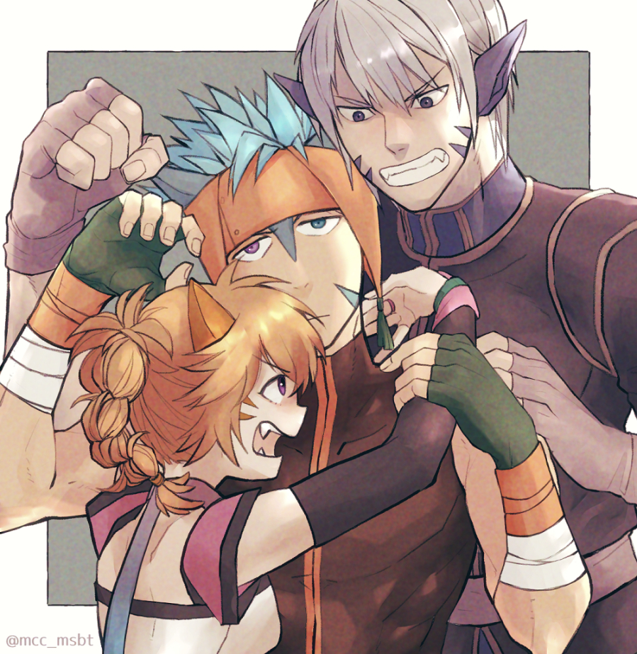 1girl, 2boys, animal_ears, blue_hair, braid, braided_ponytail, cat_boy, cat_ears