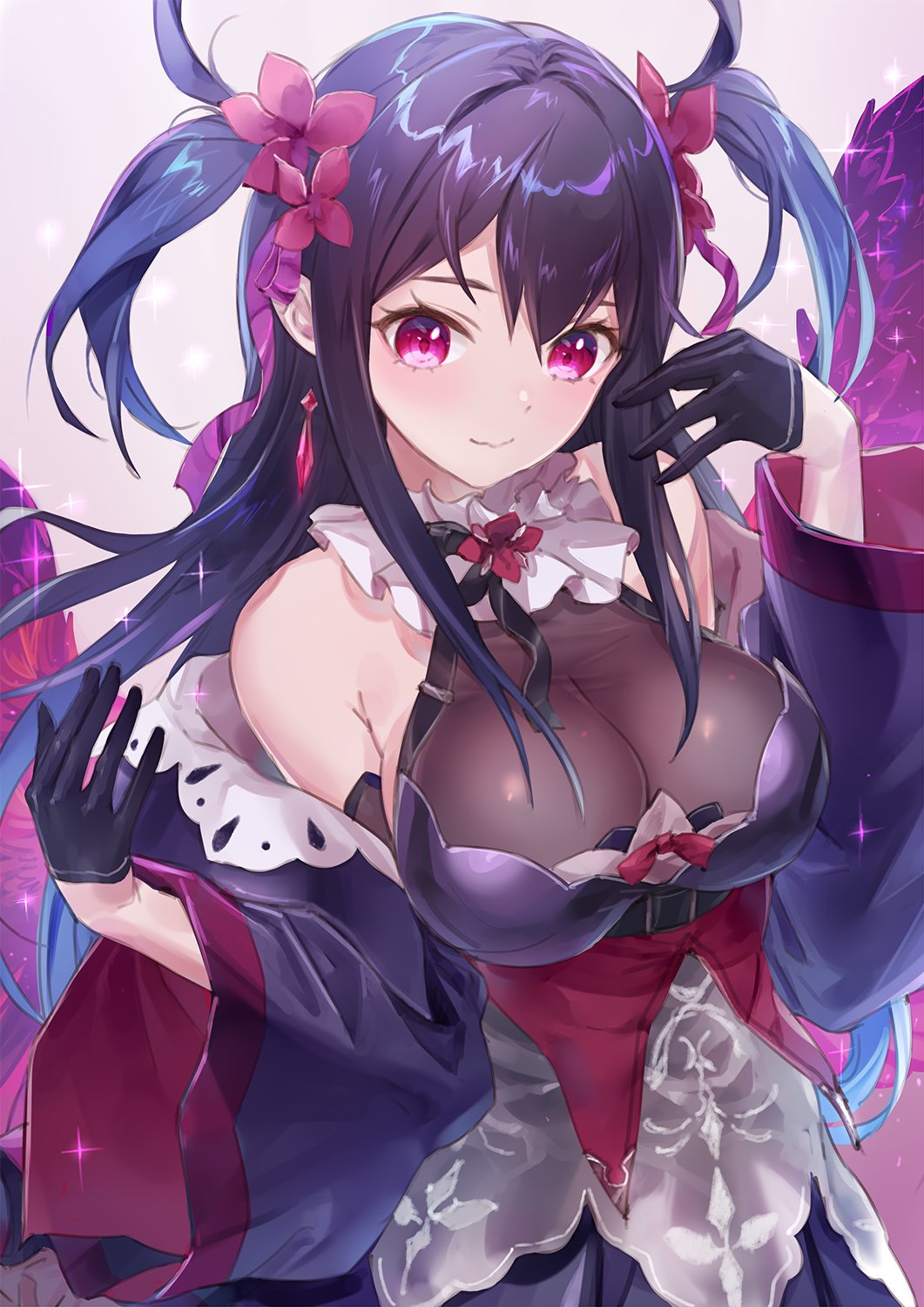 1girl, bare_shoulders, black_gloves, black_hair, blush, breasts, closed_mouth, commission