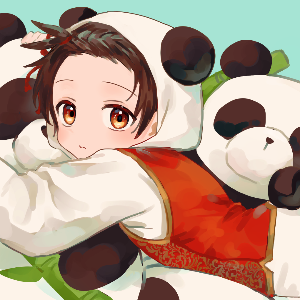 1girl, animal_costume, animal_hood, blush, braid, braided_bangs, brown_hair, gohannnootomo, green_background, hood, medalist_(manga), panda_costume, panda_hood, short_hair, solo, yuitsuka_inori