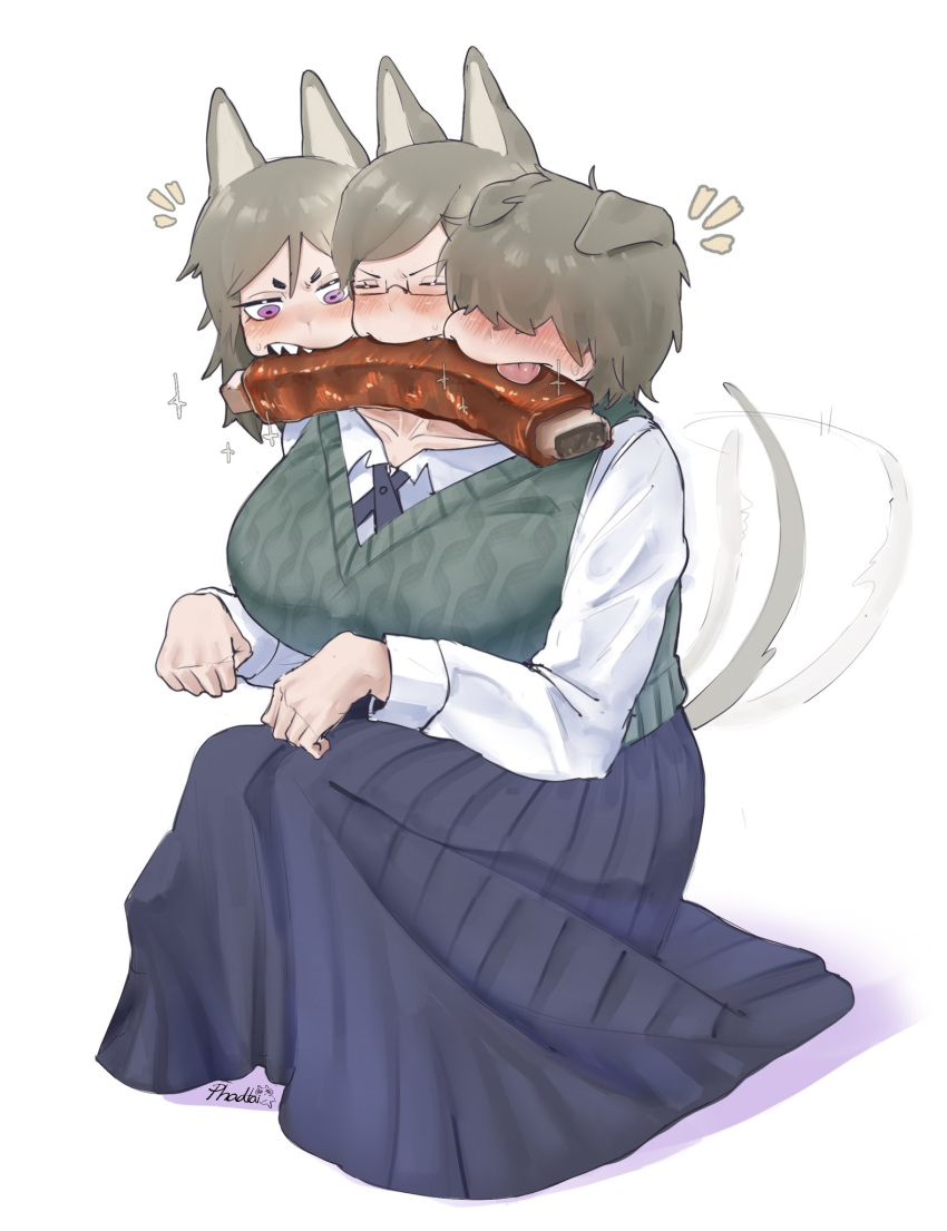 1girl, animal_ears, blush, brown_hair, cerberus, collarbone, dog_ears, food