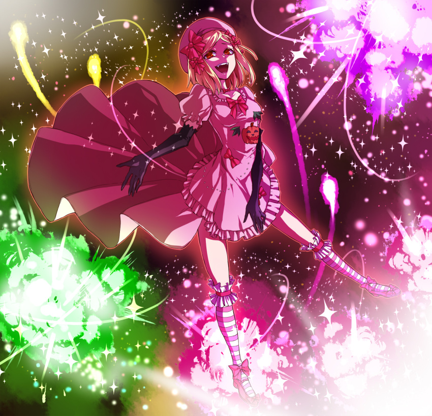 blonde_hair, dress, elbow_gloves, gloves, hat, highres, lambdadelta, melting_scarlet