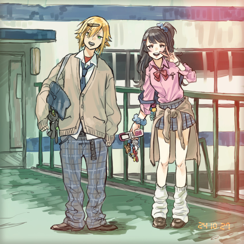 1boy, 1girl, absurdres, alternate_costume, backpack, bag, black_hair, blonde_hair, blue_necktie, bow, bowtie, cardigan, cardigan_around_waist, cellphone, clothes_around_waist, collared_shirt, dated, flip_phone, full_body, green_eyes, grey_pants, gyaru, gyaruo, hair_ornament, hair_scrunchie, hairclip, half-closed_eyes, highres, holding, holding_phone, koze_niire, leaning_to_the_side, leg_warmers, light_leak, loafers, long_hair, long_sleeves, loose_bowtie, loose_necktie, loose_pants, miniskirt, necktie, nijisanji, on_rooftop, one_side_up, pants, phone, pink_shirt, plaid_clothes, plaid_pants, pleated_skirt, railing, red_bow, red_bowtie, red_undershirt, rooftop, school_bag, scrunchie, shirt, shoes, short_hair, shoulder_bag, skirt, sleeves_past_wrists, strap_slip, tsukino_mito, uzuki_kou, v, v-shaped_eyebrows, virtual_youtuber