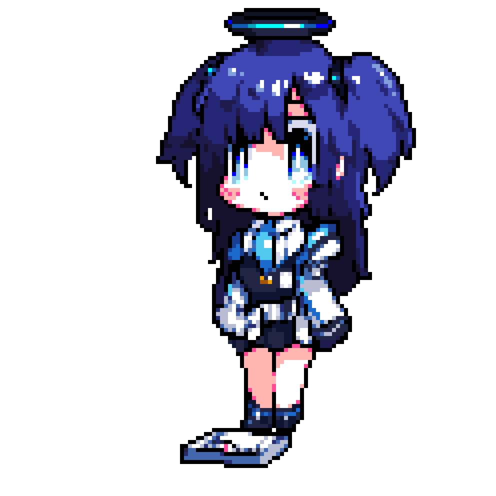 1girl, animated, animated_gif, bathroom_scale, black_footwear, blue_archive, blue_eyes, blue_hair, blue_necktie, bright_pupils, chibi, closed_mouth, crack, cracked_floor, downvote_(downvote_me), fat_joke, halo, heavy, jacket, long_hair, mechanical_halo, necktie, open_clothes, open_jacket, pixel_art, shirt, skirt, solo, standing, thighs, two_side_up, weighing_scale, white_jacket, white_pupils, white_shirt, yuuka_(blue_archive)