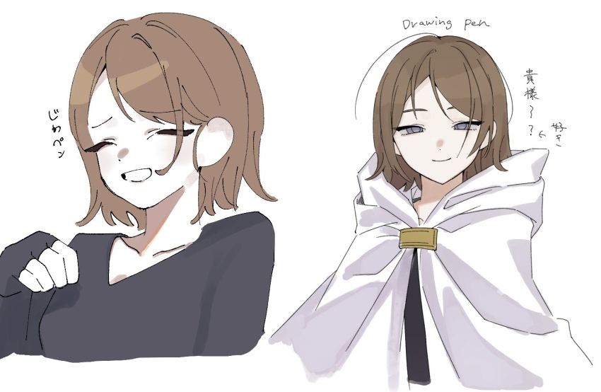 1girl, ahoge, black_dress, brooch, brown_hair, cloak, closed_mouth, dress