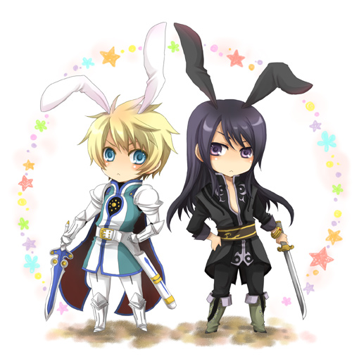 animal_ears, black_eyes, black_hair, blonde_hair, blue_eyes, bunny_ears, chibi, flynn_scifo