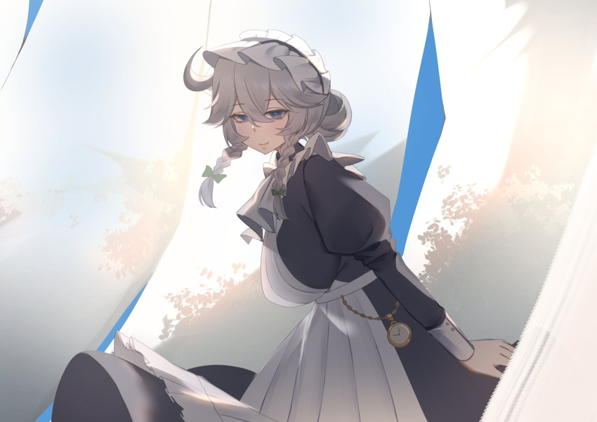 1girl, absurdres, alternate_costume, alternate_hairstyle, apron, ascot, black_dress, blanket
