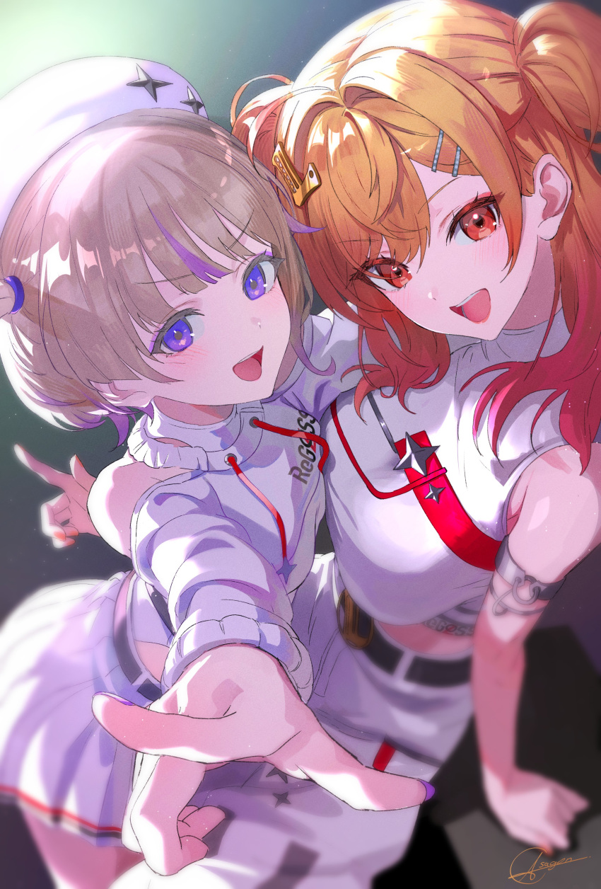 2girls, absurdres, asagon007, breasts, crop_top, cropped_shirt, drawstring, eyeliner