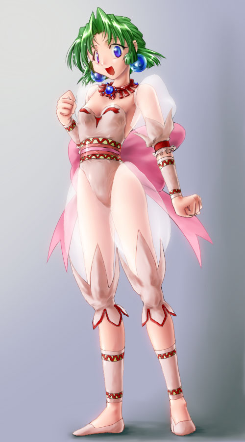 90s, ankle_cuffs, battle_arena_toshinden, blue_eyes, bow, earrings, ellis_(battle_arena_toshinden), green_hair