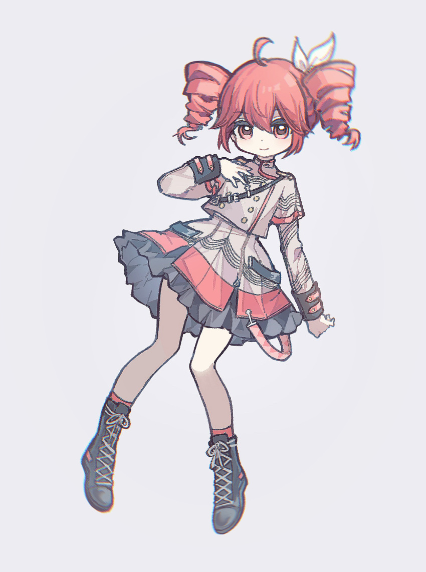 1girl, ahoge, akoto_(akoto0228), arm_at_side, belt, black_belt, black_sleeve_cuffs, boots