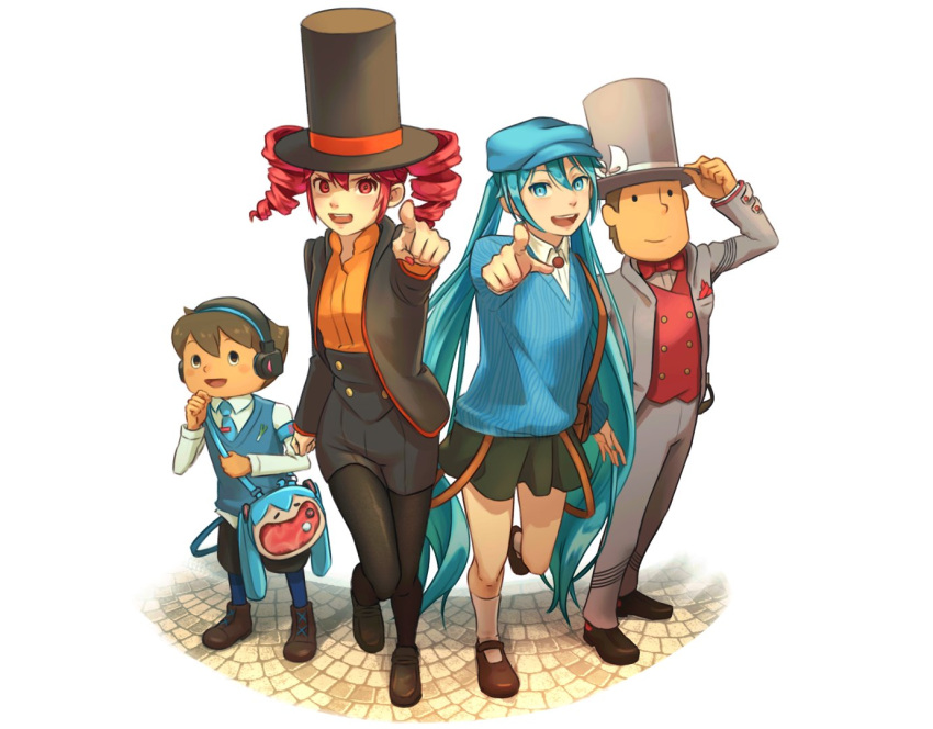 2boys, 2girls, alternate_costume, armband, bag, black_eyes, black_footwear, black_pantyhose, black_shorts, blue_armband, blue_eyes, blue_socks, blue_sweater, bow, bowtie, brown_hair, buttons, character_bag, closed_mouth, collared_shirt, cosplay, double-breasted, double-parted_bangs, drill_hair, fingernails, flat_chest, grey_jacket, grey_pants, hair_between_eyes, hand_on_headwear, hat, hat_ribbon, hatsune_miku, headphones, hershel_layton, hershel_layton_(cosplay), iriknight, jacket, kasane_teto, long_hair, long_sleeves, looking_at_viewer, luke_triton, luke_triton_(cosplay), mary_janes, mob_cap, multiple_boys, multiple_girls, nail_polish, open_clothes, open_jacket, open_mouth, orange_ribbon, orange_shirt, pants, pantyhose, pleated_skirt, pointing, pointing_at_viewer, professor_layton, red_bow, red_bowtie, red_jacket, red_nails, red_trim, redhead, ribbon, shirt, shoes, shorts, shoulder_bag, skirt, skirt_set, sleeves_past_elbows, smile, socks, standing, suit, suit_jacket, sweater, teeth, top_hat, twin_drills, twintails, upper_teeth_only, utau, very_long_hair, vocaloid, white_ribbon, white_socks, wing_collar