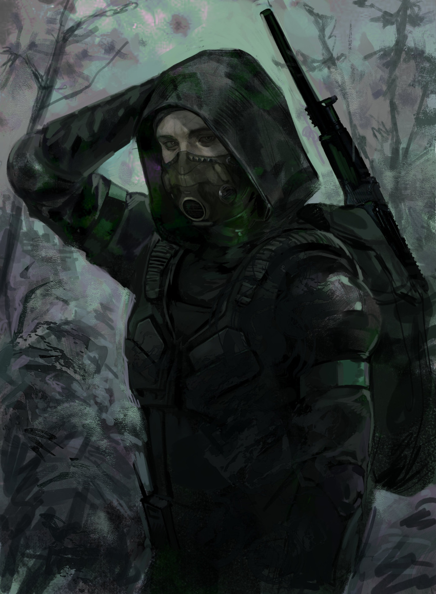 absurdres, assault_rifle, backpack, bag, bulletproof_vest, crurry_(trenos_x), foliage, gun