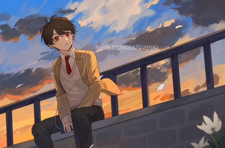 1boy, aldnoah.zero, blazer, brown_hair, evening, highres, jacket, kaizuka_inaho, male_focus, necktie, orange_sky, red_eyes, rokir, school_uniform, short_hair, sitting, sky, solo, sunset, sweater_vest