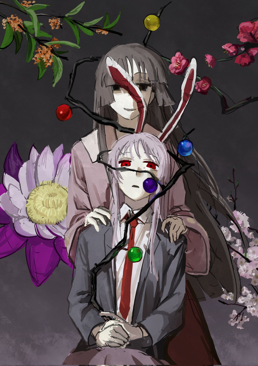 2girls, animal_ears, behind_another, black_background, black_eyes, black_hair, branch, cherry_blossoms