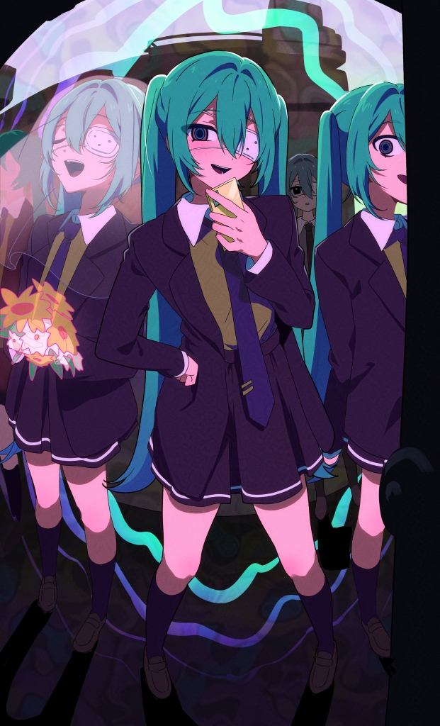 1girl, aqua_hair, arms_behind_back, black_jacket, black_skirt, black_socks, blue_necktie, bouquet, bridal_veil, brown_footwear, brown_sweater_vest, cellphone, closed_eyes, collared_shirt, eyepatch, fisheye, freckles, gongnam, hair_between_eyes, hair_intakes, hand_on_own_hip, hand_up, hatsune_miku, holding, holding_bouquet, holding_phone, jacket, loafers, long_hair, long_sleeves, looking_at_viewer, medical_eyepatch, monitoring_(vocaloid), multiple_views, necktie, open_clothes, open_jacket, open_mouth, phone, pleated_skirt, shirt, shirt_tucked_in, shoes, sidelocks, skirt, smartphone, socks, sweater_vest, tie_clip, twintails, veil, very_long_hair, vocaloid, white_shirt