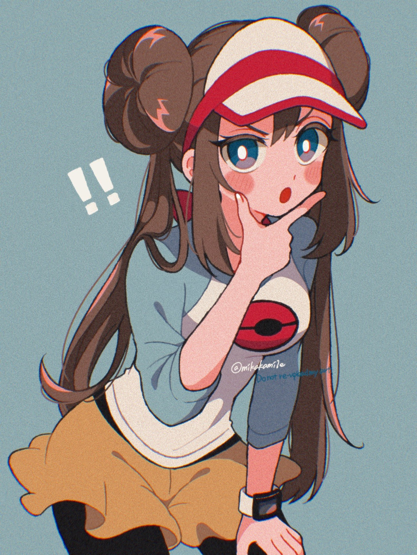 !, 1girl, black_pantyhose, blue_eyes, blush, breasts, brown_hair, cowboy_shot, double_bun, hair_bun, hand_on_own_chin, hand_on_own_face, hand_on_own_thigh, highres, long_hair, looking_at_viewer, medium_breasts, mikakami1e, open_mouth, pantyhose, pokemon, pokemon_bw2, rosa_(pokemon), short_shorts, shorts, sidelocks, simple_background, solo, stroking_own_chin, twintails, v-shaped_eyebrows, visor_cap, watch, watch, yellow_shorts