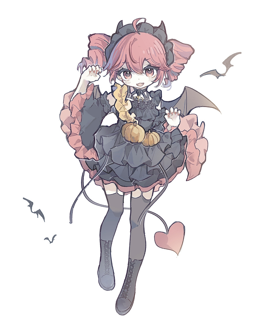 1girl, absurdres, ahoge, akoto_(akoto0228), bat_(animal), black_dress, black_hairband, black_thighhighs, black_wings, boots, claws, cross-laced_footwear, demon_tail, double-parted_bangs, dress, drill_hair, fake_horns, fingernails, flat_chest, frilled_hairband, frills, full_body, hair_between_eyes, hairband, highres, horns, kasane_teto, kasane_teto_(halloween), lace-up_boots, long_sleeves, looking_at_viewer, nail_polish, open_mouth, pumpkin, red_eyes, red_nails, red_tail, redhead, sharp_fingernails, simple_background, sleeveless, sleeveless_dress, solo, tail, thigh-highs, twin_drills, twintails, utau, vocaloid, white_background, wings