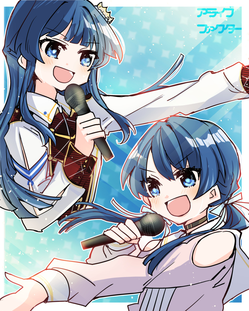 2girls, alive_factor_(idolmaster), black_choker, blue_background, blue_eyes, blue_hair, blue_ribbon, blush, border, choker, collared_shirt, commentary_request, crown, dark_blue_hair, dress, hair_ribbon, half_up_braid, highres, holding, holding_microphone, idolmaster, idolmaster_million_live!, ijigen_fes_idolmaster_love_live!_utagassen, kanduki_kamibukuro, light_particles, link!_like!_love_live!, long_hair, long_sleeves, love_live!, low_twintails, microphone, mini_crown, mogami_shizuka, multiple_girls, murano_sayaka, official_alternate_costume, open_mouth, outside_border, outstretched_arm, pink_dress, ribbon, shirt, song_name, tilted_headwear, twintails, virtual_youtuber, white_border, white_shirt