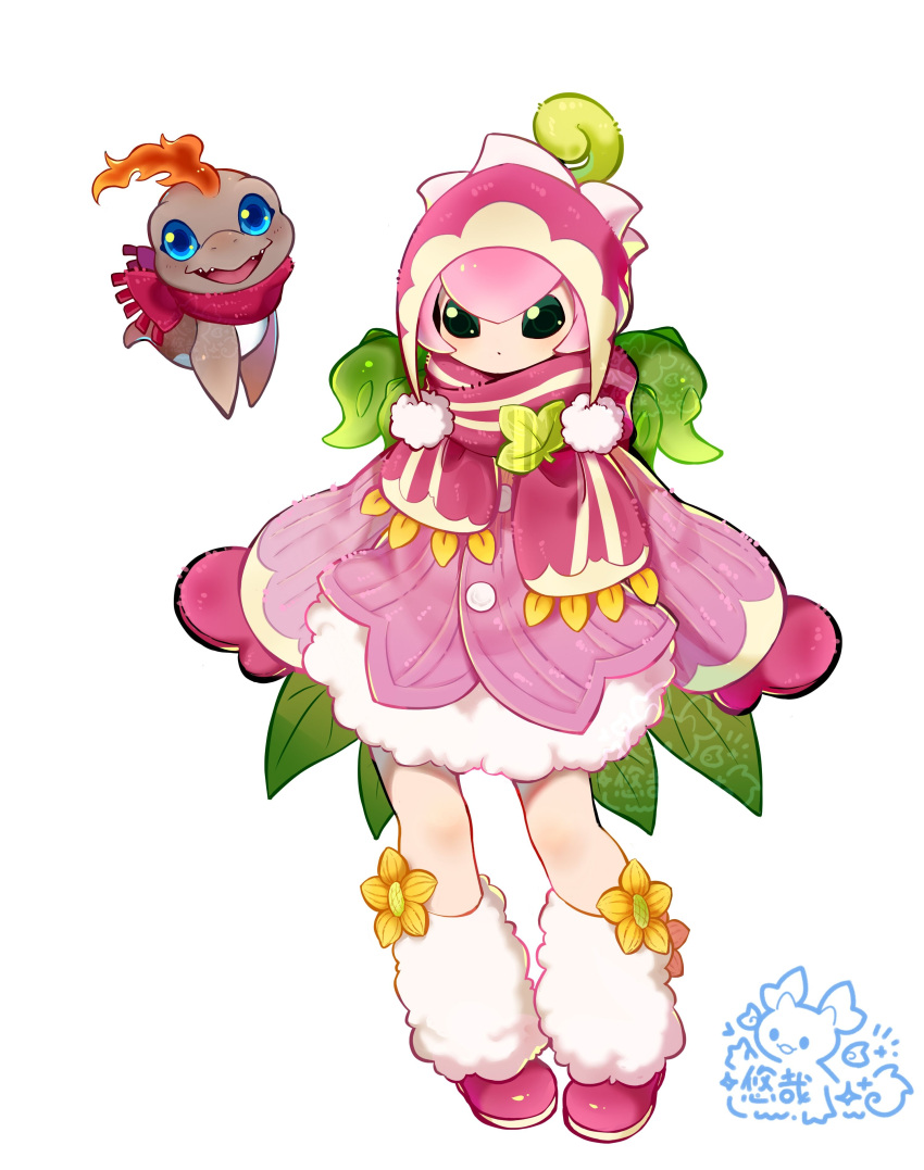 1girl, absurdres, alternate_costume, arms_at_sides, artist_logo, cardigan, closed_mouth, digimon, digimon_(creature), dot_mouth, double-parted_bangs, fairy_wings, flower, full_body, fur_leg_warmers, fur_skirt, gloves, green_eyes, hat, highres, jacket, leg_warmers, lilimon, logo, long_sleeves, looking_ahead, mittens, monster_girl, no_nose, pale_skin, pink_cardigan, pink_footwear, pink_gloves, pink_hat, pink_jacket, pink_mittens, pink_scarf, pom_pom_hat_ornament, pukamon, scarf, shoes, short_hair, simple_background, skirt, solid_eyes, solo, striped_clothes, striped_scarf, v_bangs, white_background, white_leg_warmers, white_skirt, wings, yellow_flower, youzaiyouzai112