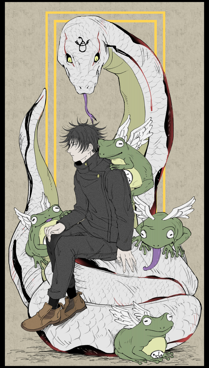 1boy, absurdres, black_hair, black_pants, black_shirt, black_socks, brown_footwear, frog