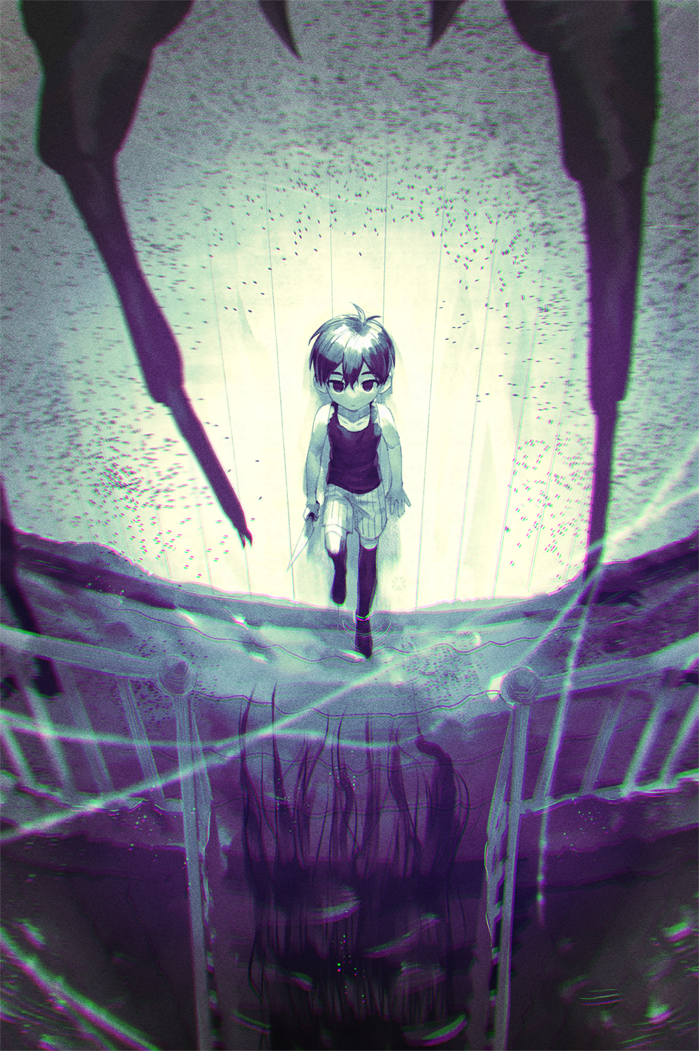 1boy, antenna_hair, black_eyes, black_hair, black_thighhighs, closed_mouth, collarbone, colored_skin