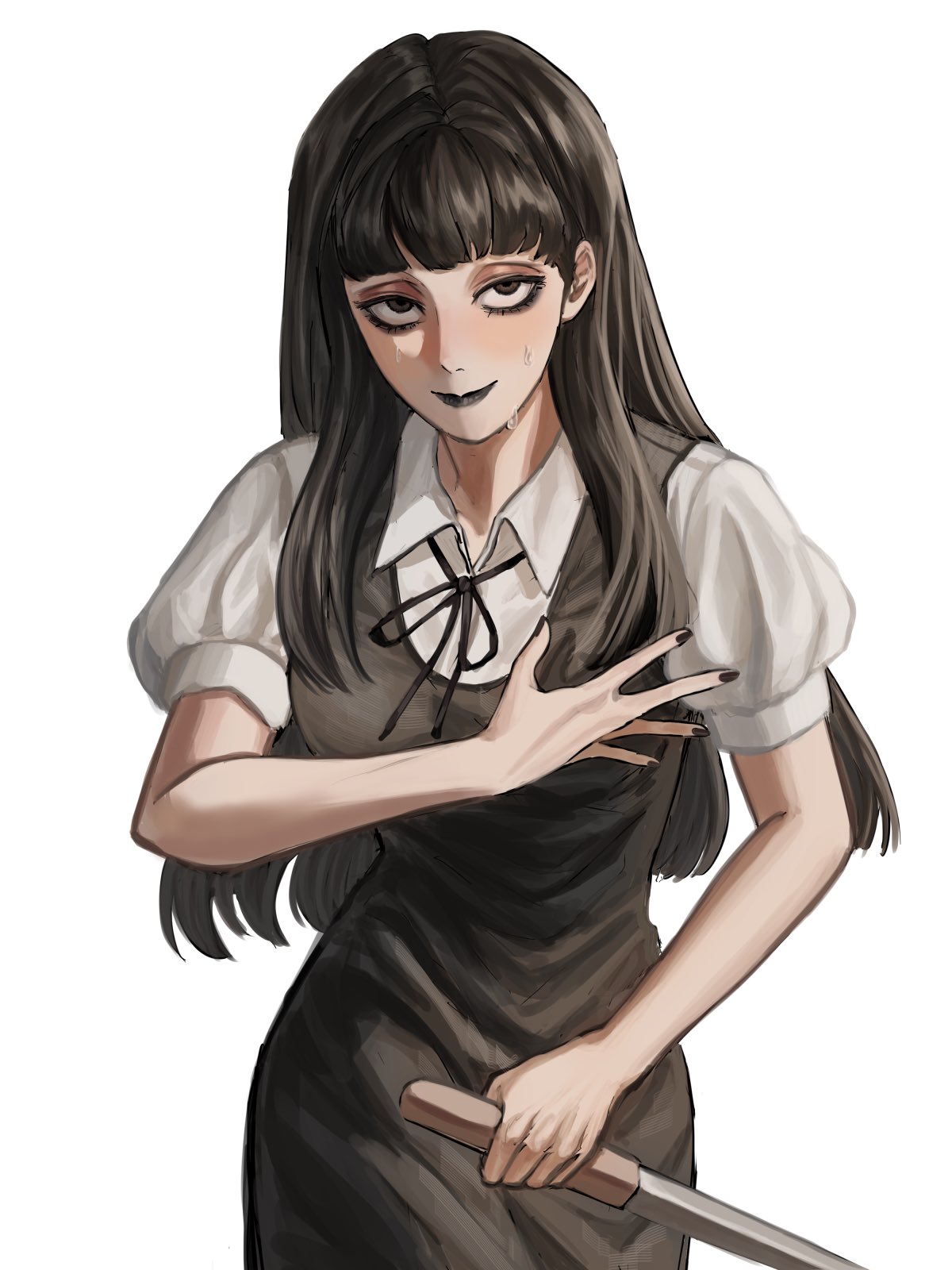 1girl, black_dress, black_eyes, black_eyeshadow, black_hair, black_lips, black_nails, black_ribbon, blunt_bangs, closed_mouth, collared_shirt, commentary, cowboy_shot, dress, eyeshadow, fear_&amp;_hunger_(series), fear_&amp;_hunger_2:_termina, hand_on_own_chest, highres, holding, holding_knife, knife, long_hair, makeup, neck_ribbon, nouveaudepart_0, pinafore_dress, puffy_short_sleeves, puffy_sleeves, ribbon, samarie_(fear_&amp;_hunger), shirt, short_sleeves, simple_background, sleeveless, sleeveless_dress, smile, solo, sweat, white_background, white_shirt