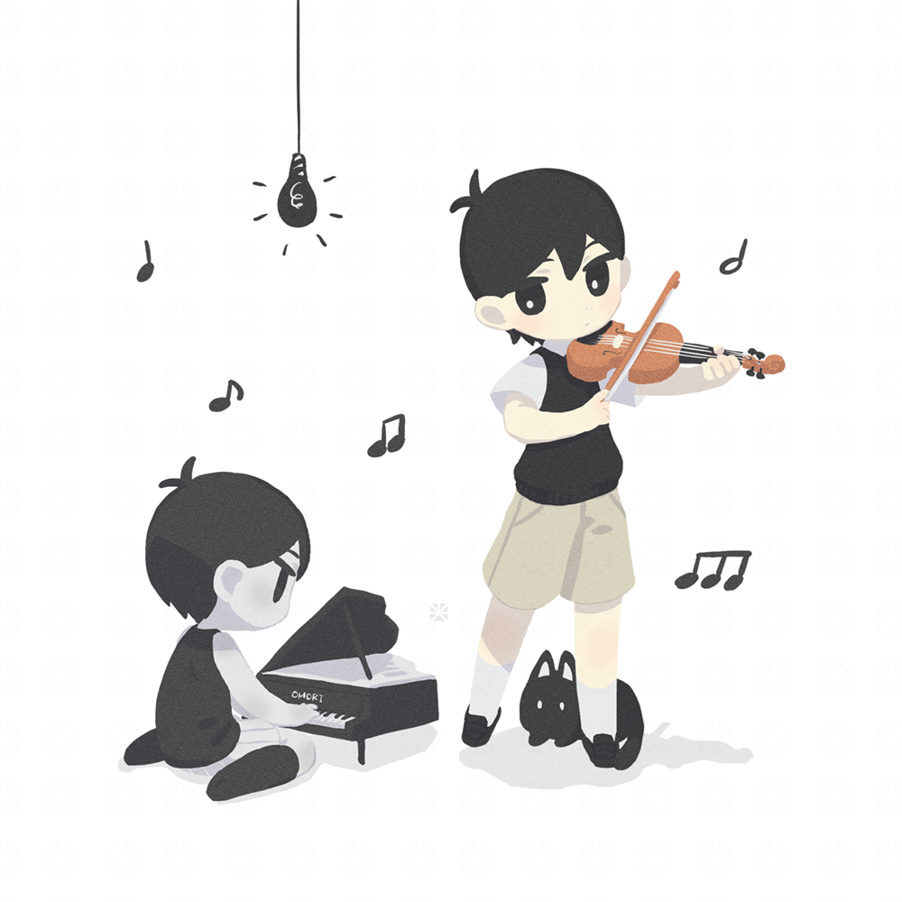 2boys, antenna_hair, black_eyes, black_footwear, black_hair, black_socks, bow_(music), bright_pupils