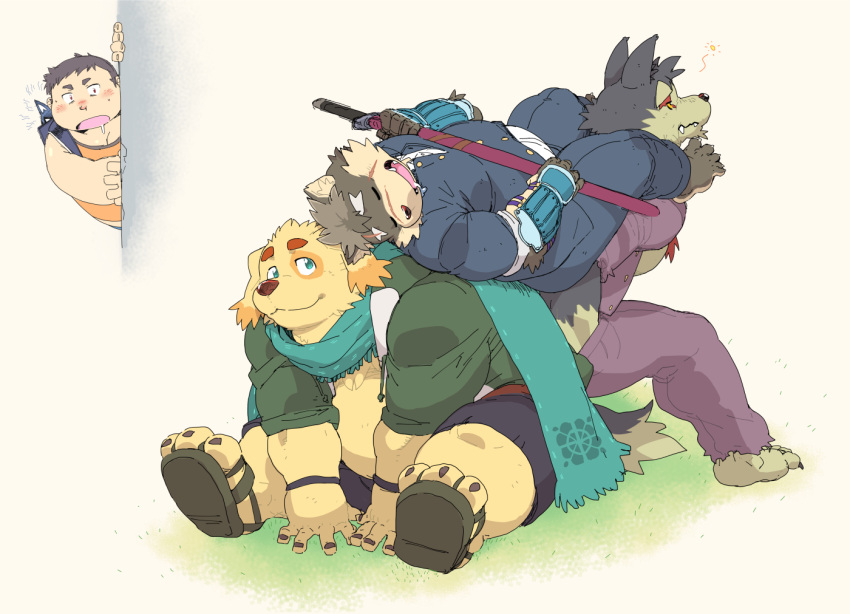 4boys, animal_ear_fluff, animal_ears, backpack, bag, belly, black_pants, blush