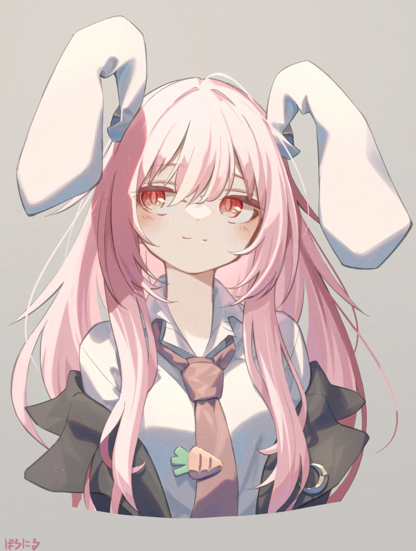 1girl, animal_ears, baronilu, black_jacket, blush, carrot_pin, closed_mouth, collared_shirt, commentary, crescent, crescent_pin, cropped_torso, grey_background, highres, jacket, light_smile, long_hair, looking_to_the_side, necktie, off_shoulder, pink_hair, rabbit_ears, red_eyes, red_necktie, reisen_udongein_inaba, shirt, sidelocks, simple_background, solo, touhou, white_shirt