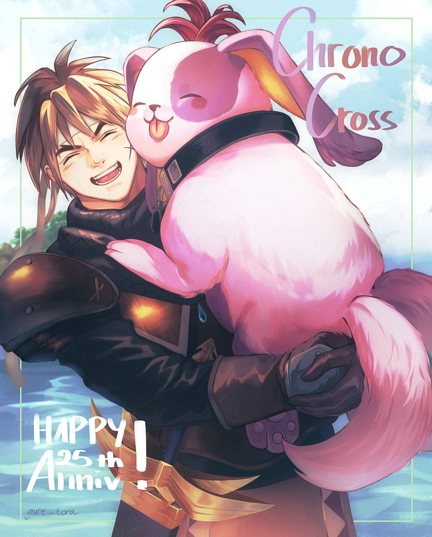1boy, animal, animal_collar, armor, black_shirt, blonde_hair, brown_gloves, chrono_cross, closed_eyes, collar, dog, glenn_(chrono_cross), gloves, gure_tora, headband, highres, holding, holding_animal, holding_dog, male_focus, open_mouth, outdoors, poshul_(chrono_cross), scar, scar_on_cheek, scar_on_face, shirt, short_hair, shoulder_armor, smile, tongue, tongue_out, twitter_username, upper_body, white_headband