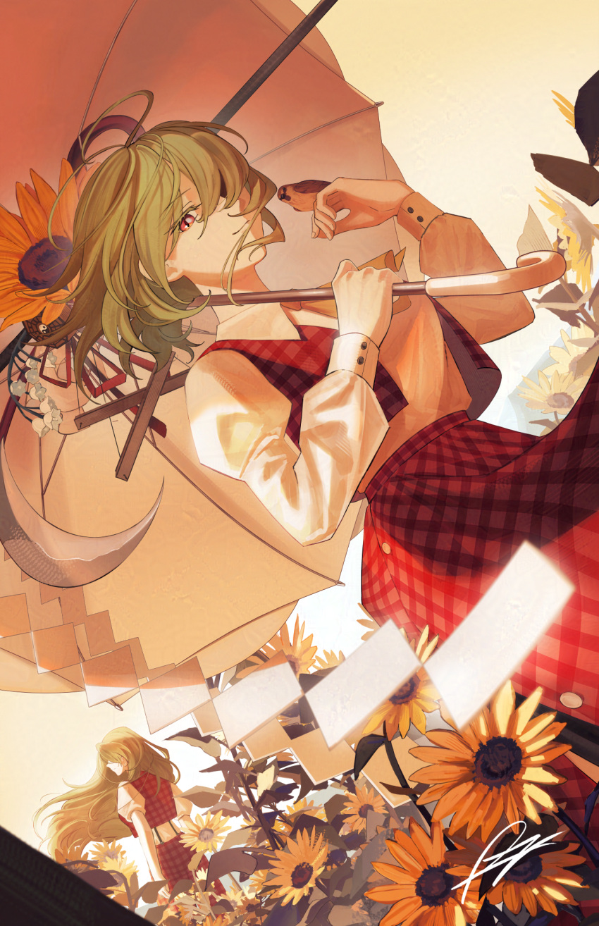 2girls, bird, bird_on_hand, closed_mouth, colored_eyelashes, commentary_request, dual_persona, dutch_angle