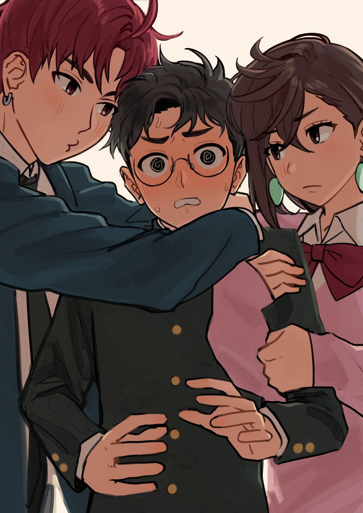 1girl, 2boys, ayase_momo, black_hair, blush, bow, bowtie, brown_hair
