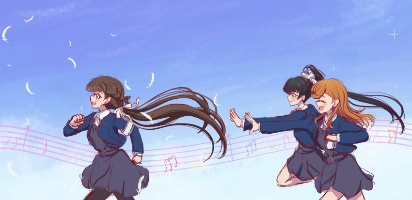 3girls, :d, alt_text, armband, beamed_eighth_notes, black_hair, black_pantyhose, blue_armband