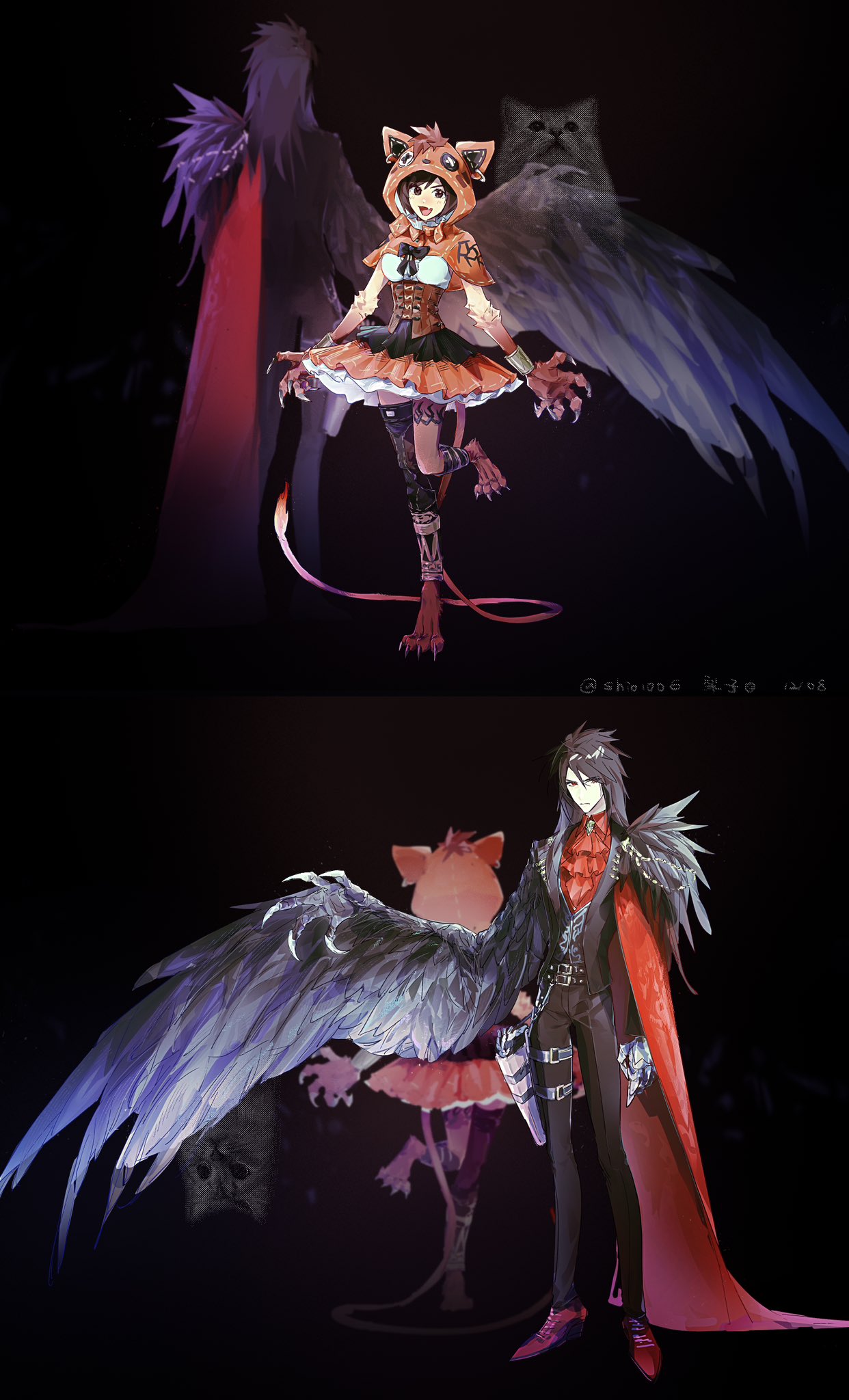 1boy, 1girl, animal_feet, animal_hands, animal_hood, asymmetrical_legwear, bangle, black_background, black_feathers, black_hair, black_jacket, black_pants, black_skirt, bracelet, breasts, brown_corset, brown_eyes, brown_footwear, cape, capelet, cat, claws, closed_mouth, corset, cosplay, feather_trim, feathers, final_fantasy, final_fantasy_vii, final_fantasy_vii_ever_crisis, flame-tipped_tail, frilled_shirt_collar, frills, full_body, hair_between_eyes, highres, holster, hood, hood_up, jacket, jewelry, lily_(shio1006), long_hair, medium_breasts, official_alternate_costume, open_mouth, orange_capelet, orange_skirt, pants, red_cape, red_eyes, red_shirt, red_xiii, red_xiii_(cosplay), shirt, short_hair, single_wing, skirt, smile, suit_jacket, thigh_holster, two-tone_skirt, underbust, vincent_valentine, vincent_valentine_(crowmaster_suit), white_shirt, wings, yuffie_kisaragi, yuffie_kisaragi_(nanaki_mantle)