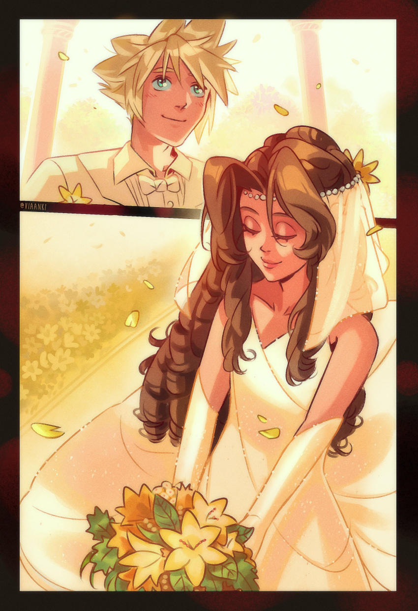 1boy, 1girl, absurdres, aerith_gainsborough, aqua_eyes, bare_shoulders, bouquet, bow