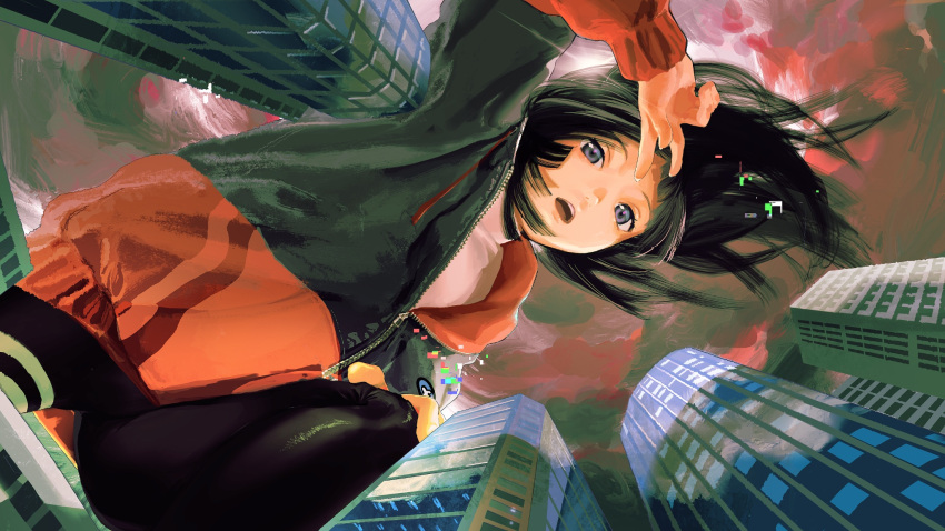 1girl, be_be_be_be_(cevio), black_eyes, black_hair, black_jacket, black_leggings, building, clouds