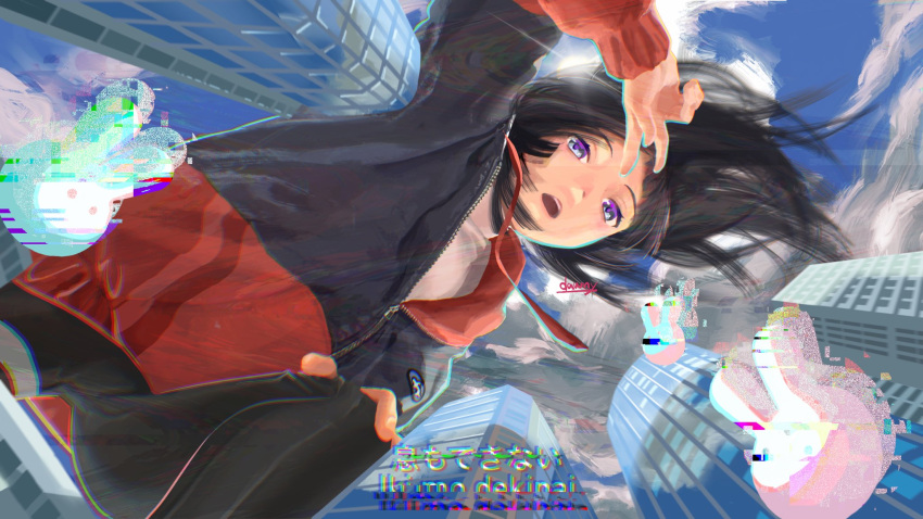 1girl, be_be_be_be_(cevio), black_hair, black_jacket, black_leggings, blue_sky, building, clouds, cloudy_sky, commentary_request, dawny_(kaiko_870), day, diffraction_spikes, floating_hair, from_below, giant, giantess, glitch, hand_on_own_knee, hand_up, highres, jacket, leggings, long_hair, long_sleeves, looking_at_viewer, looking_down, lyrics, multicolored_clothes, multicolored_jacket, nijisanji, open_mouth, partially_unzipped, rabbit_symbol, red_jacket, shirt, signature, sky, skyscraper, solo, squatting, subtitled, sun, tsukino_mito, tsukino_mito_(19th_costume), turtleneck, turtleneck_shirt, two-tone_jacket, v, virtual_youtuber, white_eyes, white_shirt