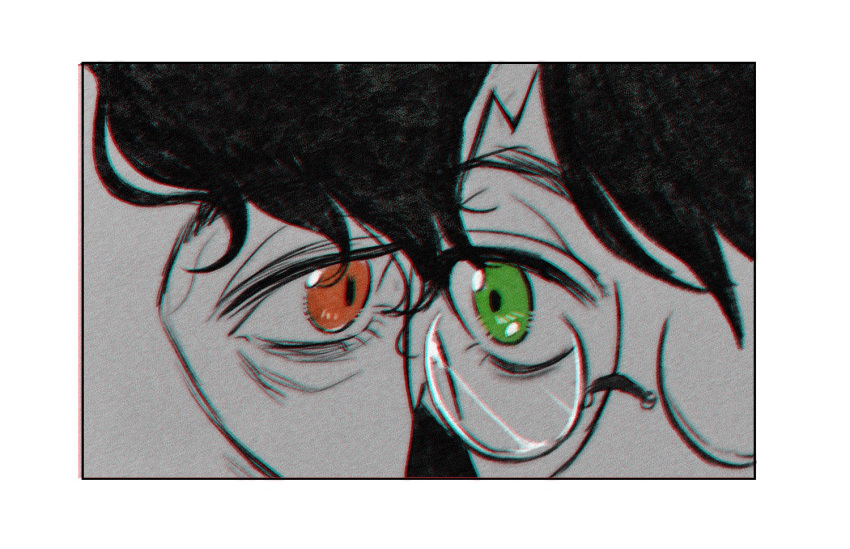 2boys, bakabakalii, black_hair, border, glasses, green_eyes, hair_between_eyes, harry_potter, harry_potter_(series), lightning_bolt_facial_mark, looking_at_another, male_focus, multiple_boys, red_eyes, round_eyewear, scar, scar_on_face, scar_on_forehead, short_hair, spot_color, tom_marvolo_riddle, wavy_hair, white_border, wizarding_world