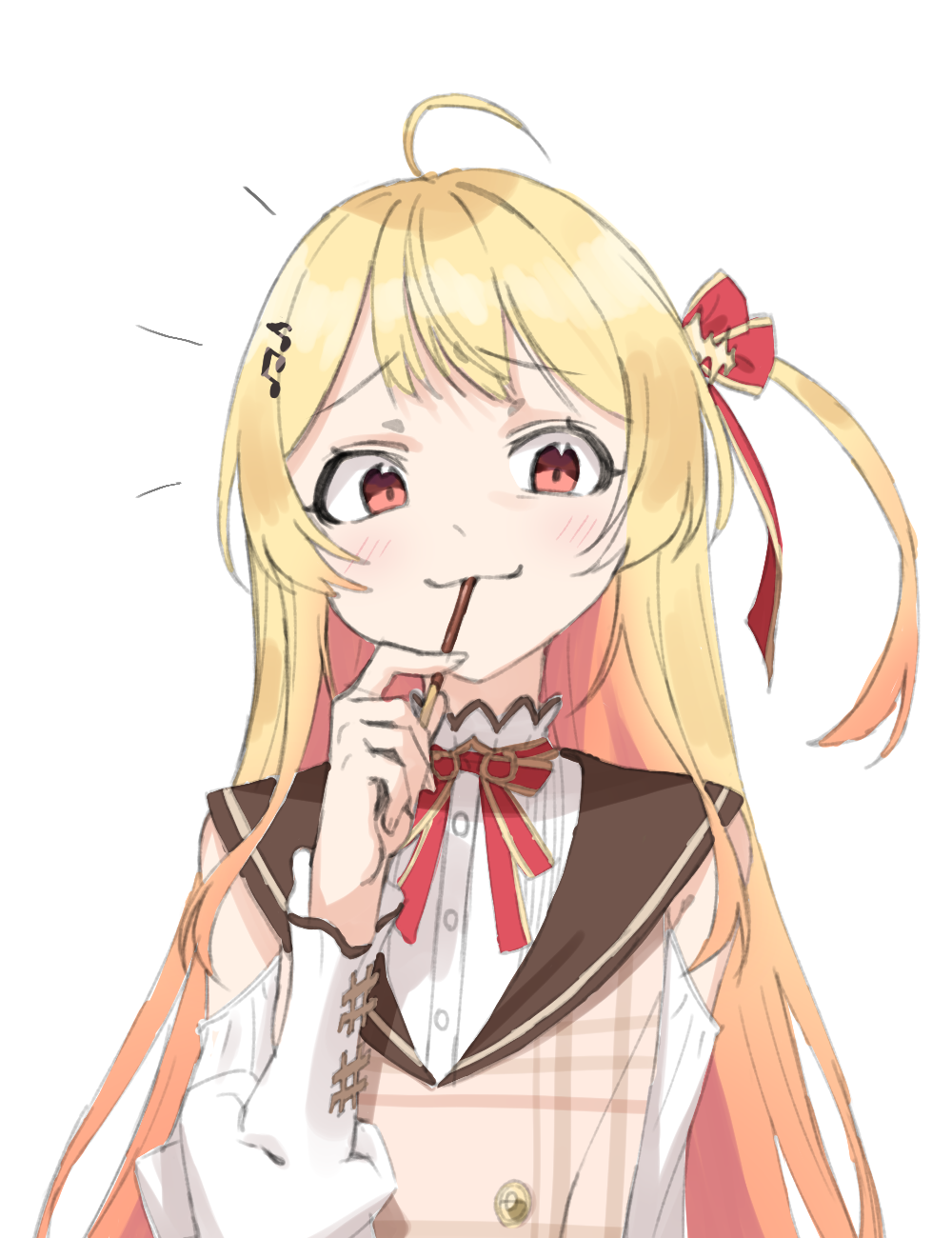 1girl, ahoge, blonde_hair, brown_dress, cloudbear, dress, food, food_in_mouth, hair_ornament, hair_ribbon, highres, holding, holding_food, holding_pocky, hololive, hololive_dev_is, long_hair, looking_at_viewer, musical_note, musical_note_hair_ornament, one_side_up, otonose_kanade, otonose_kanade_(1st_costume), pocky, pocky_in_mouth, red_eyes, red_ribbon, ribbon, smile, solo, very_long_hair, virtual_youtuber, white_background