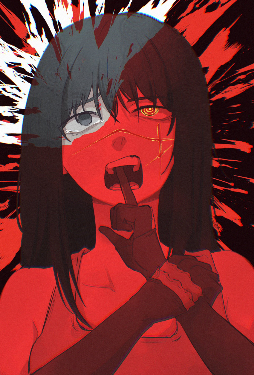 1girl, black_eyes, black_hair, chainsaw_man, elbow_gloves, finger_gun, gloves, highres