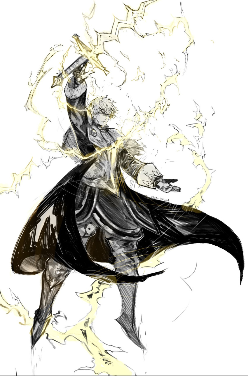 1boy, arm_up, armor, capelet, casting_spell, coat, electricity, fire_emblem