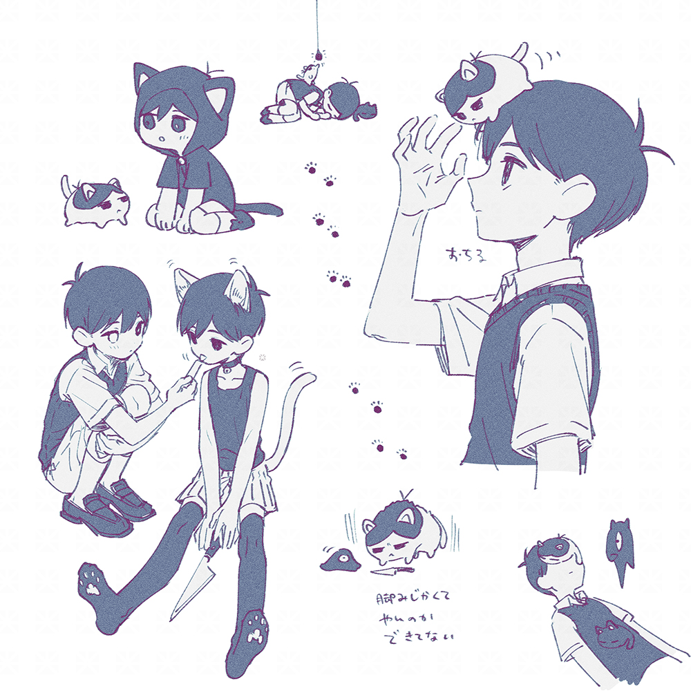 2boys, alternate_costume, animal_ears, animalization, cat, cat_boy, cat_ears, cat_tail, collarbone, collared_shirt, greyscale, kemonomimi_mode, knife, light_bulb, little_one_(omori), male_focus, mewo, monochrome, multiple_boys, omori, omori_(omori), person_and_animalization, shirt, short_sleeves, simple_background, something_(omori), spoilers, sunny_(omori), sweater_vest, tail, tank_top, toastytoast, translation_request