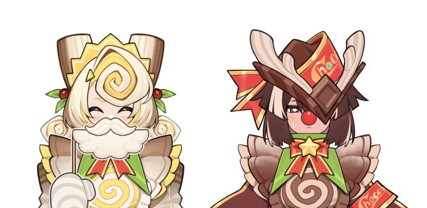 2girls, brown_armor, brown_hair, bushuel, fake_beard, fake_facial_hair, fake_nose, genderswap