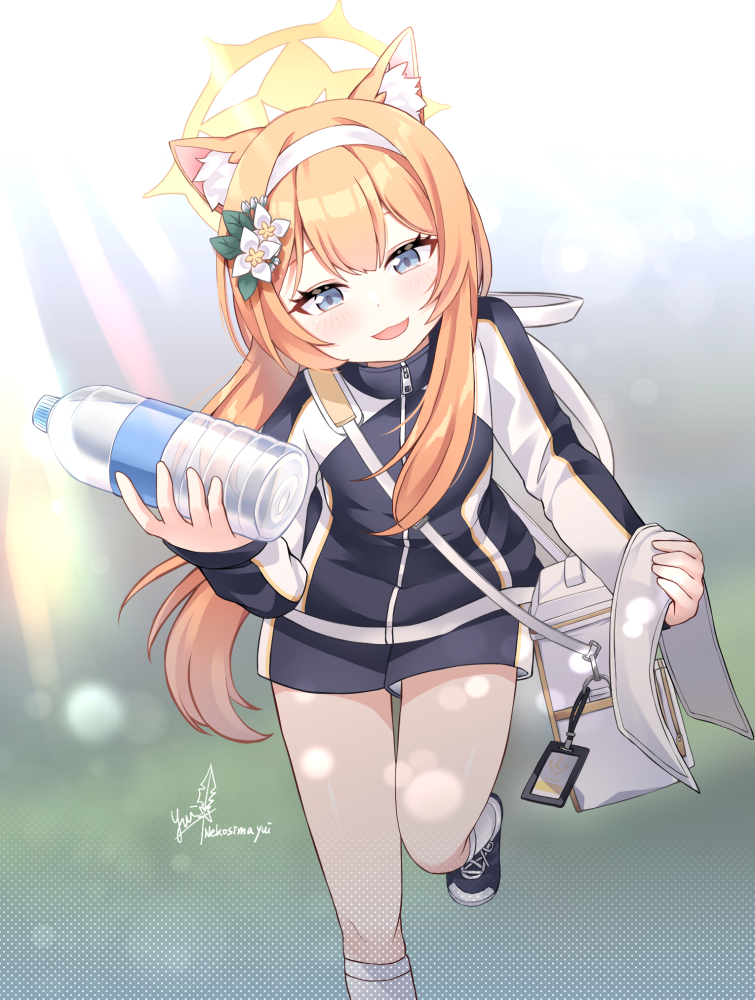 1girl, :d, animal_ear_fluff, animal_ears, bag, black_footwear, black_jacket, black_shorts