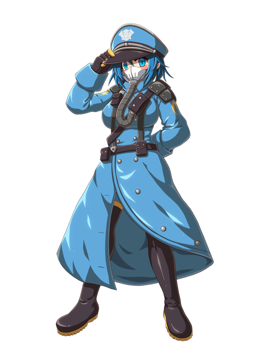 1girl, absurdres, black_footwear, black_gloves, blu_pyro_(tf2), blue_bodysuit, blue_coat, blue_eyes, blue_hair, bodysuit, boots, breasts, coat, commissar, commissar_cap, commission, death_korps_of_krieg, emperpep, full_body, genderswap, genderswap_(otf), gloves, highres, large_breasts, long_sleeves, mask, military, military_uniform, pyro_(tf2), respirator, second-party_source, short_hair, simple_background, solo, standing, team_fortress_2, thigh_boots, warhammer_40k, white_background