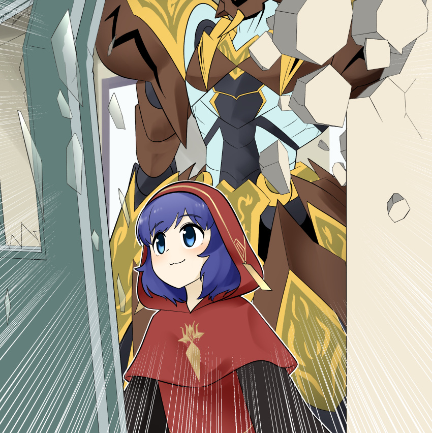 blue_eyes, blue_hair, breaking_through_wall, crack, cracked_wall, duel_monster, glass_shards, highres