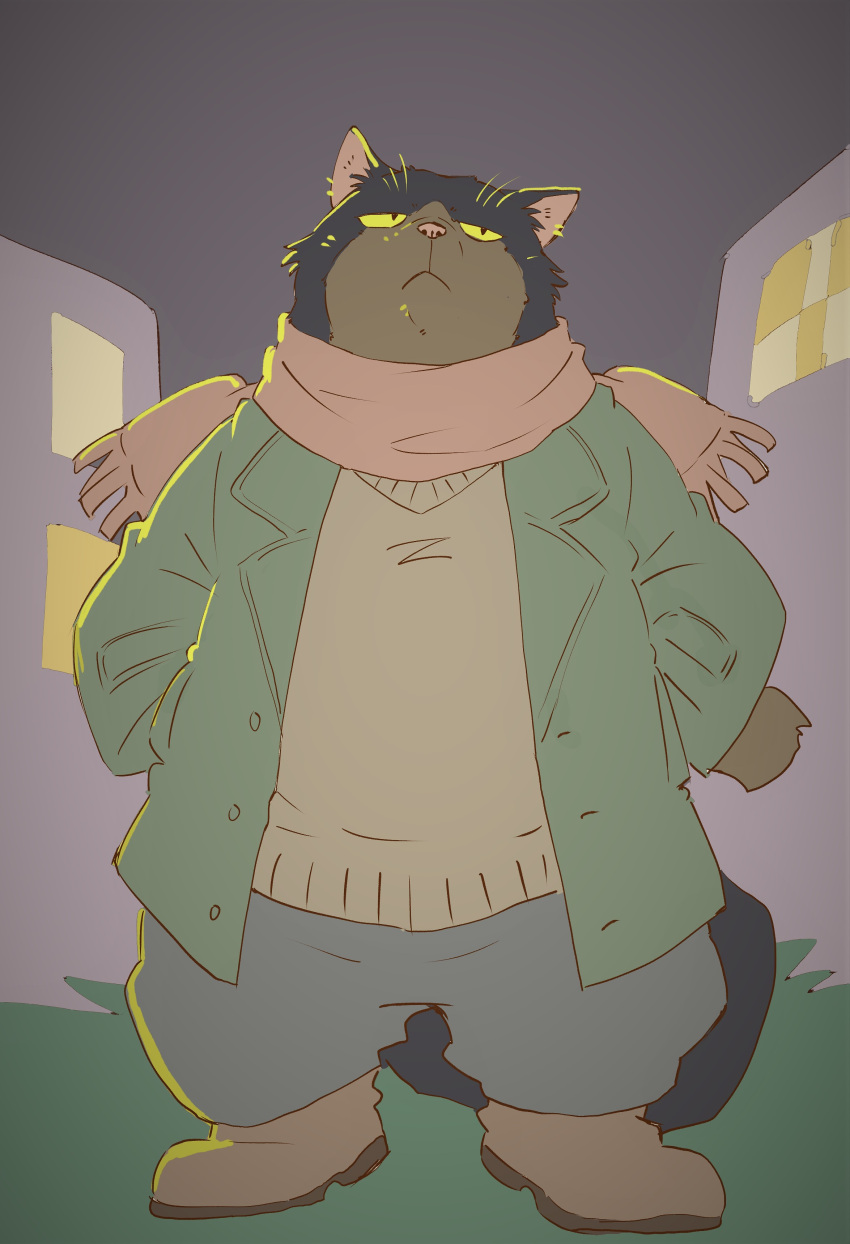 1boy, absurdres, animal_ears, annoyed, boots, brown_footwear, building, cat