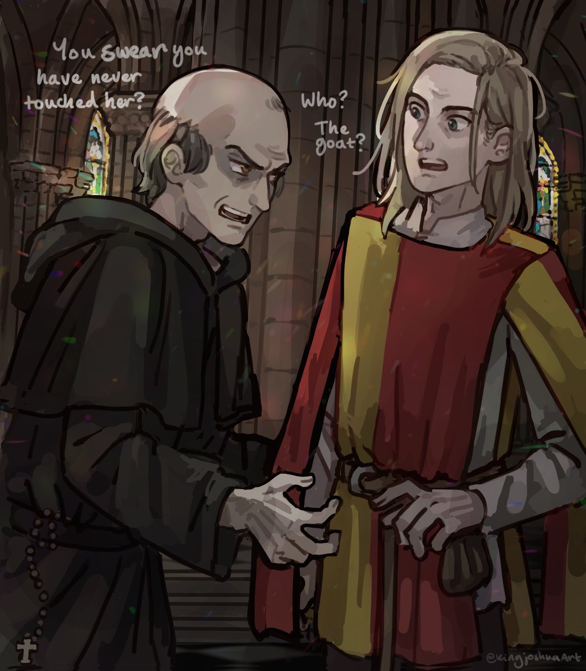 2boys, balding, belt, black_robe, brown_belt, brown_hair, church, claude_frollo, commentary, cowboy_shot, english_text, gringoire, highres, indoors, kingjoshua, long_sleeves, looking_at_another, medium_hair, multiple_boys, open_mouth, robe, rosary, stained_glass, tabard, talking, teeth, the_hunchback_of_notre_dame, tunic, twitter_username, upper_teeth_only, white_tunic
